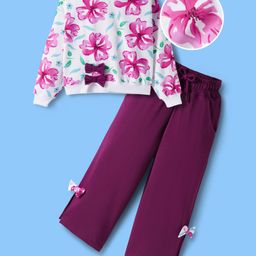 OLLINGTON ST. Cotton Full Sleeves Floral Printed Sweatshrit & Joggers Set with Bow Applique - Pink White & Purple-picture-24