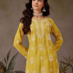 ADA Ethnic Motifs Embroidered Chikankari Chanderi Silk Chikankari Kurti-image-81