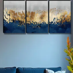 SAF Navy Blue & Gold-Toned 3 Piece Wood Abstract Wall Paintings-image-24