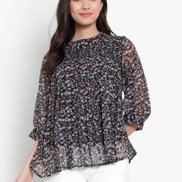 HERE&NOW Women Black High Neck Casual Floral Georgette Tops-picture-20