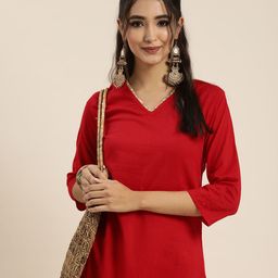 Sangria Women Red Solid Pure Cotton Gotta Patti Kurta with Abstract Print Trousers-picture-23