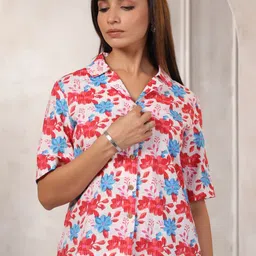 LYFJ Women Typography Printed Lapel Collar Cotton Top-image-47
