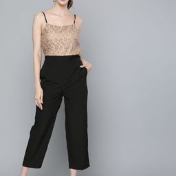 SASSAFRAS Beige & Black Basic Jumpsuit with Lace Inserts-53