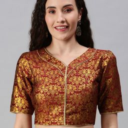 flaher Women Maroon & Golden Woven Saree Blouse-image-97