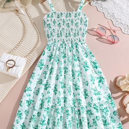 Billion Girl's Floral Printed Shoulder Straps Smoked Fit & Flare Maxi Dress-image-79
