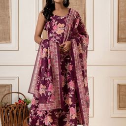 ADAA JAIPUR Women Floral Printed Cotton Anarkali Kurta with Trousers & Dupatta-image-10