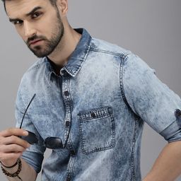 Roadster Men Blue Standard Faded Cotton Denim Casual Shirt-image-80