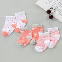Cute Walk by Babyhug Cotton Blend Ankle Length Anti Bacterial Socks Floral Design Pack of 3 - Orange Pink-image-88