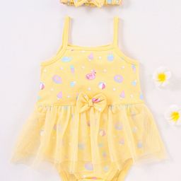 Babyhug 100% Cotton Knit Sleeveless Frock Style Onesie with Headband Beach Print - Yellow-picture-15