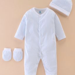 I Bears Cotton Knit Full Sleeves Romper with Cap and Mittens Striped - Blue-image-37