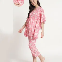 Aujjessa Three Fourth Bat Wing Sleeves Floral Printed Kaftan Style Front Zipper Maternity Night Suit - Pink-picture-47