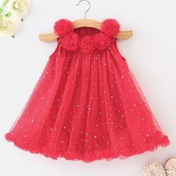 Mark & Mia Sleeveless Frock Style Onesie With Floral Applique & Polka Dot Print - Red-image-51