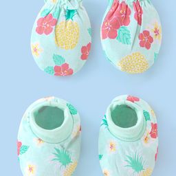 Babyhug 100% Cotton Knit Floral Printed Mittens & Booties - Blue-image-28