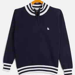 RVK Full Sleeves Placement Striped Designed Cotton Pullover Sweater - Navy Blue-picture-31