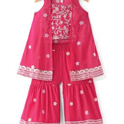 Babyhug Sleeveless  Top With Sharara & Floral Embroidered Jacket Set - Pink-image-61