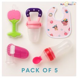 Neonate Care Baby Fruit Feeder Pacifier (1 Pcs) with 1 PCS Silicone Baby Food Dispensing Spoon 90ml and 1 pcs Fruit Teether 1pcs Finger Brush 1pc Bibs (Pink)-18