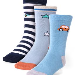 Cute Walk by Babyhug Cotton Lycra Knit Anti-bacterial Socks Strips Stars & Car Design Pack of 3 - Light Blue & Black-image-57