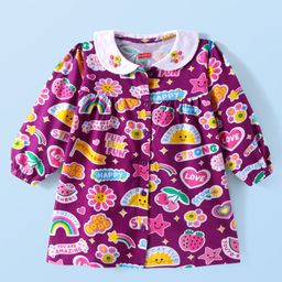 Babyhug Single Jersey Knit Full Sleeves Peter Pan Collar Frock With Rainbow & Text Print - Purple-image-49