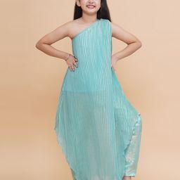 Piccolo Silk One Shoulder Pleated Solid Kurta & Floral Foil Printed Pant Set - Blue-image-27