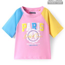 Pine Kids Cotton Knit Half Raglan Sleeves T-Shirt With Paris Print - Pink-image-26