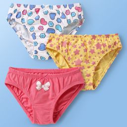 Babyoye Cotton Elastane Knit Panties With Floral & Star Print Pack Of 3 - Pink Yellow & White-image-48