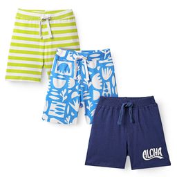 Babyhug Cotton Knit Mid Thigh Shorts with Tropical Theme Print & Stripes Pack of 3 - Light Green Navy & Light Blue-image-15