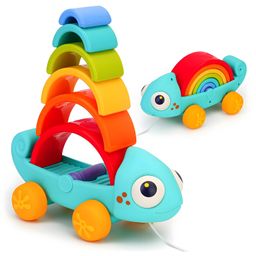 NEGOCIO- Montessori Toys 2-in-1 Rainbow Stacking Toys Push & Pull Toys with Wheel, Education Sensory Toys Motor Skills Developmental Activities Toys for Kids- PACK OF 1- COLOR MAY VARY-14