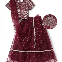 pine kids Babyhug Woven Half Sleeves Lehenga Choli Set & Dupatta With Sequin & Floral Design and Lace Detailing - Maroon-picture-43