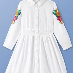 Pine Kids Cotton Woven Full Sleeves Shirt Dress with Floral Embroidery - White-picture-49
