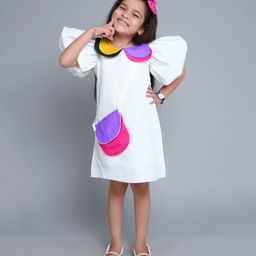 PinkChick Cotton Half Balloon Sleeves Colour Blocked Dress With Sling Bag & Hair Clip - White-image-7