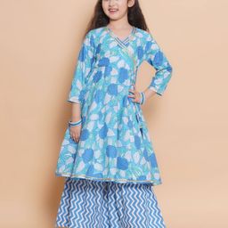 Bitiya By Bhama Cotton Woven Three Fourth Sleeves Floral Printed & Gota Lace Embellished Kurta Sharara Set - Blue-image-85