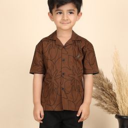 Polka Tots Cotton Woven Half Sleeves Teddy Bear Printed Shirt - Brown-image-2