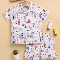 TOONYPORT Cotton Knit Half Sleeves Baby Animals Printed Coordinating Shirt & Shorts Set - White-picture-20