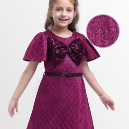 Hola Bonita Knit Half Frill Sleeves Glitter Partywear Dress With Sequin Bow Applique & Belt - Dark Pink-picture-9