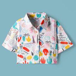 Under Fourteen Only Half Sleeves Abstract Printed Shirt Style Crop Top - White-picture-28