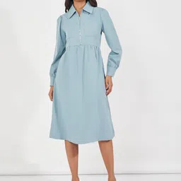 Styli Shirt Collar Front Zipper Collar Puff Sleeves Cotton  A-Line Midi Dress-image-89