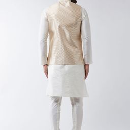 SOJANYA Men Cream-Coloured Self Design Kurta with Churidar & Nehru Jacket image 5