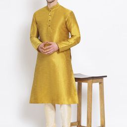 Sanwara Men Gold-Coloured & Beige Self Design Kurta with Churidar-image-36
