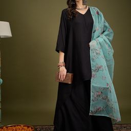 InWeave V-Neck A Line Kurta With Palazzos & Dupatta-1