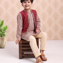 Babyhug Full Sleeves Cotton Kurta & Pyjama Set With Waistcoat Printed- Beige-image-80