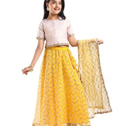 Pine Kids Half Sleeves Chevron Embroidered Choli & Lehenga with  Dupatta Set- Yellow-image-41