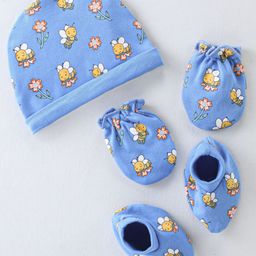 Babyhug 100% Cotton Knit Cap Mittens And Booties Honey Bee Print - Blue-image-60