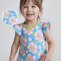 Babyhug 100% Cotton Knit Cap Sleeves Top with Floral Print - Lime Green & Blue-image-91