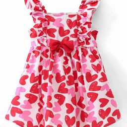 Babyhug 100% Cotton Woven Sleeveless Frock with Heart Print & Bow Applique - Red-image-5