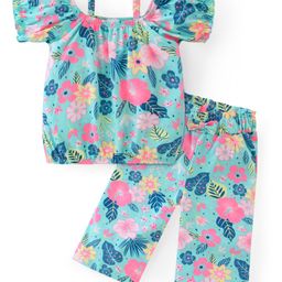 Babyhug Single Jersey Knit Off Shoulder Sleeves Top And Lounge Pant Floral Print - Blue-image-88