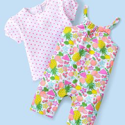 Babyhug Single Jersey Knit Pineapple Printed Dungaree with Half Sleeves Inner Tee - Pink & Multicolor-image-86