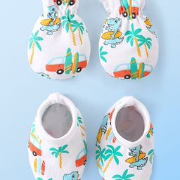 Babyhug 100% Cotton Knit Dino Printed Mittens & Booties Set - Multicolour-image-71