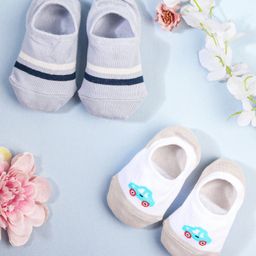 KIDLINGSS Pack Of 2 Striped & Car Printed Loafer Socks - White & Grey-image-3