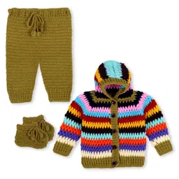Windrop Solutions Full Sleeves Crocheted Hooded Sweater With Solid Coordinating Pajama & Booties Set - Multi Colour-picture-2