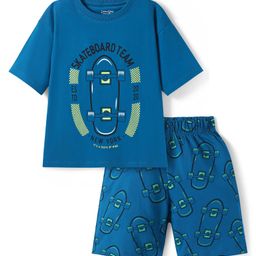 Primo Gino 100% Cotton Knit Half SleevesChest Skateboard Printed Shorts Set - Navy Blue-image-79